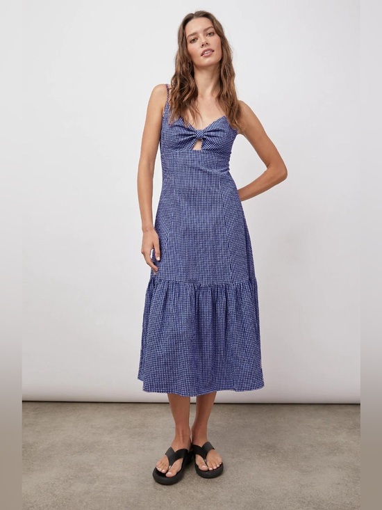 Rails Dresses & Skirts - Rails Maeve Midi Dress Size XS Navy Lilac Gingham Bow Cut Out Organic Cotton